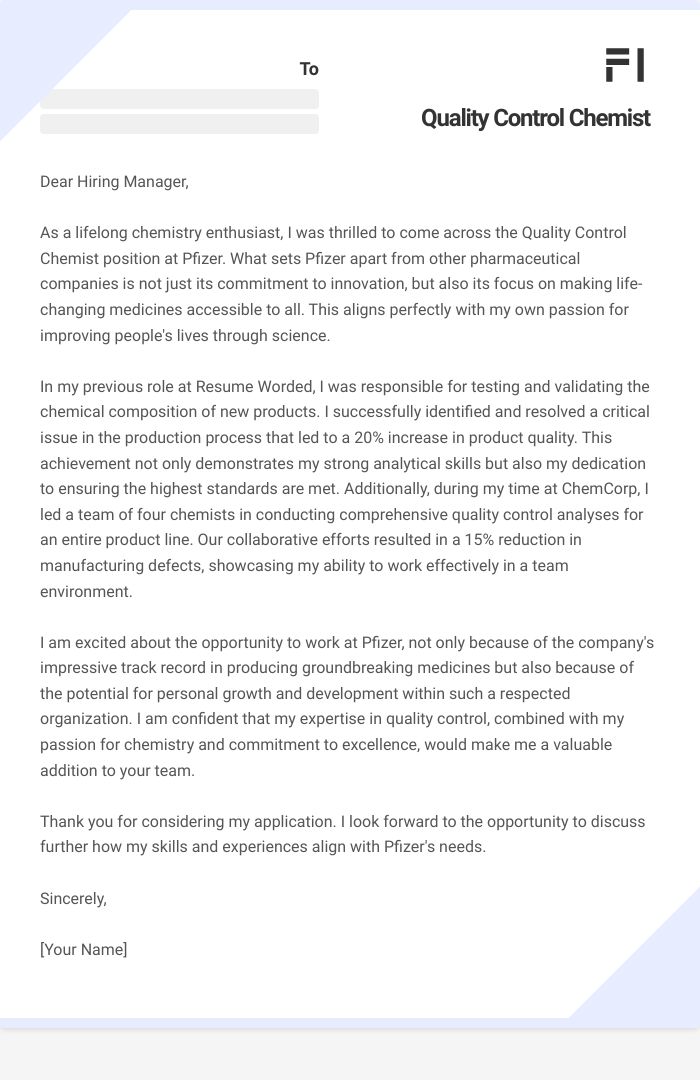 Quality Control Chemist Cover Letter