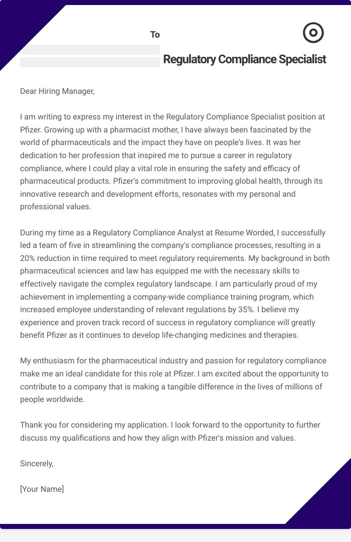 Regulatory Compliance Specialist Cover Letter
