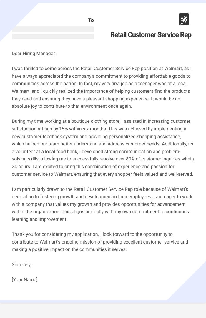 Retail Customer Service Rep Cover Letter