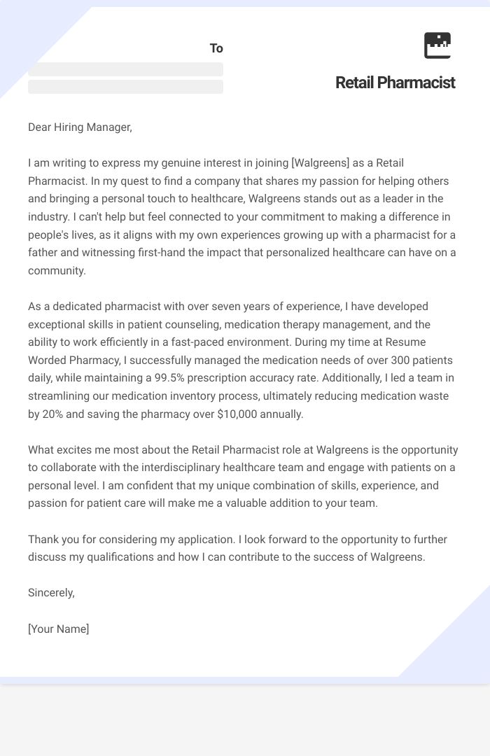 Retail Pharmacist Cover Letter