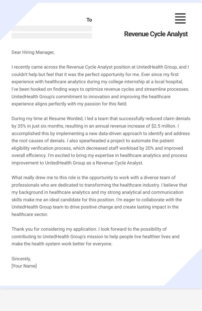 Revenue Cycle Analyst Cover Letter