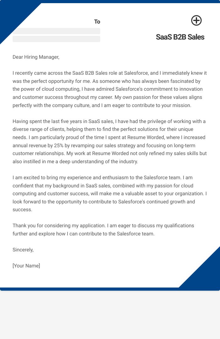 SaaS B2B Sales Cover Letter
