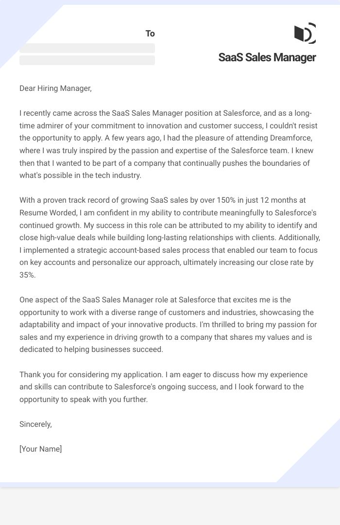 SaaS Sales Manager Cover Letter