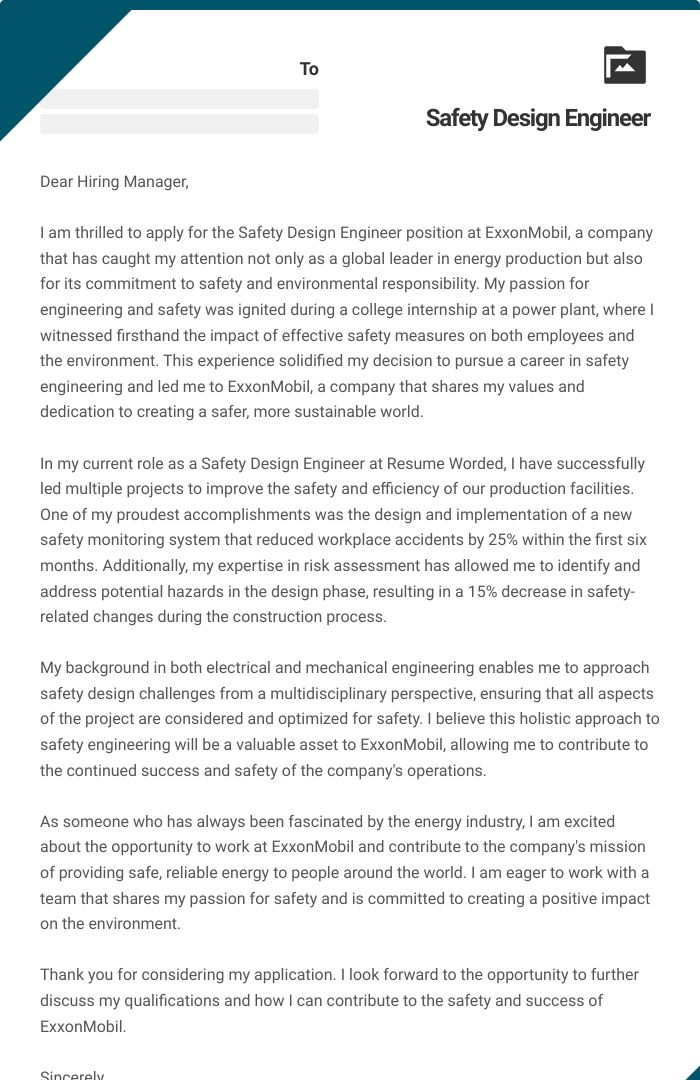 Safety Design Engineer Cover Letter