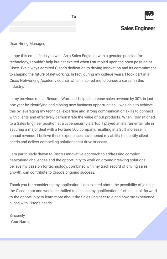 Sales Engineer Cover Letter