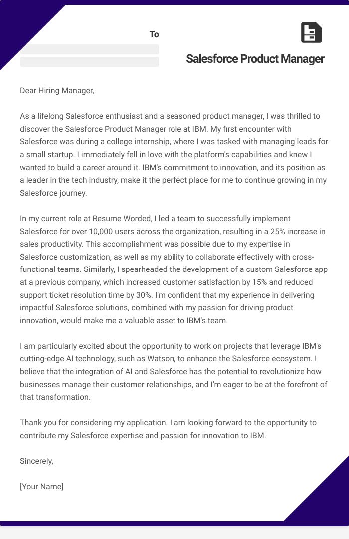 Salesforce Product Manager Cover Letter