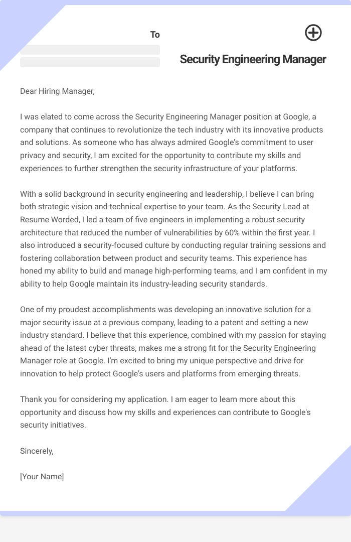 Security Engineering Manager Cover Letter