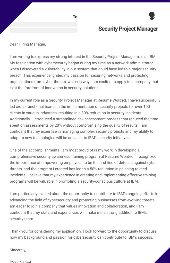 Security Project Manager Cover Letter