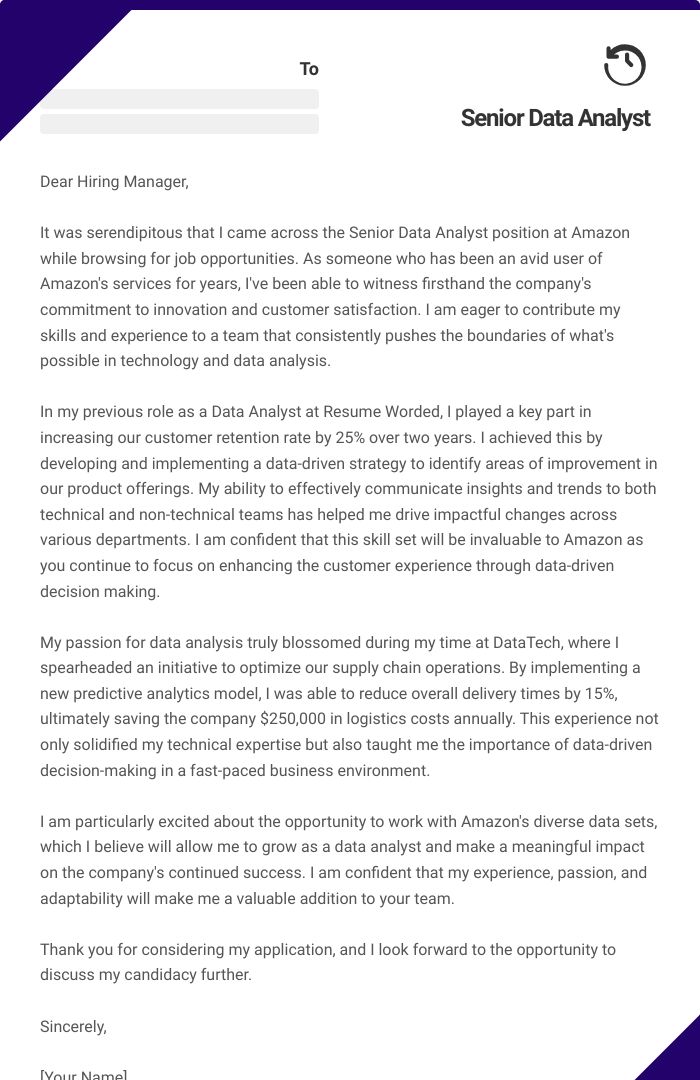 Senior Data Analyst Cover Letter