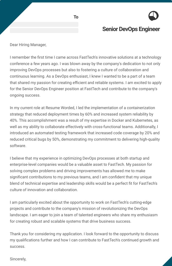 Senior DevOps Engineer Cover Letter