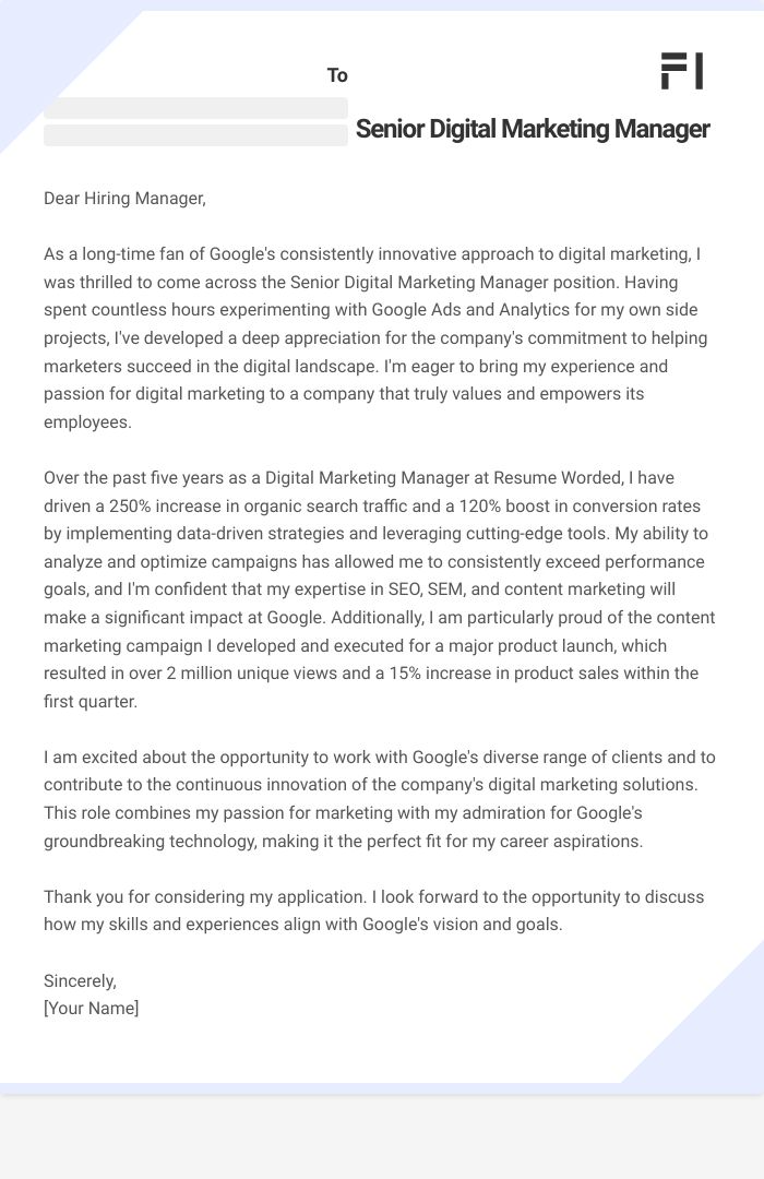 Senior Digital Marketing Manager Cover Letter