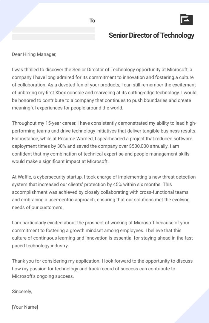 Senior Director of Technology Cover Letter