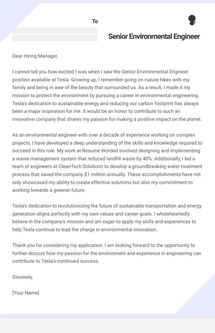 Senior Environmental Engineer Cover Letter