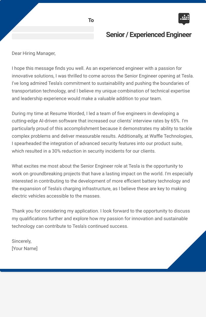 Senior / Experienced Engineer Cover Letter