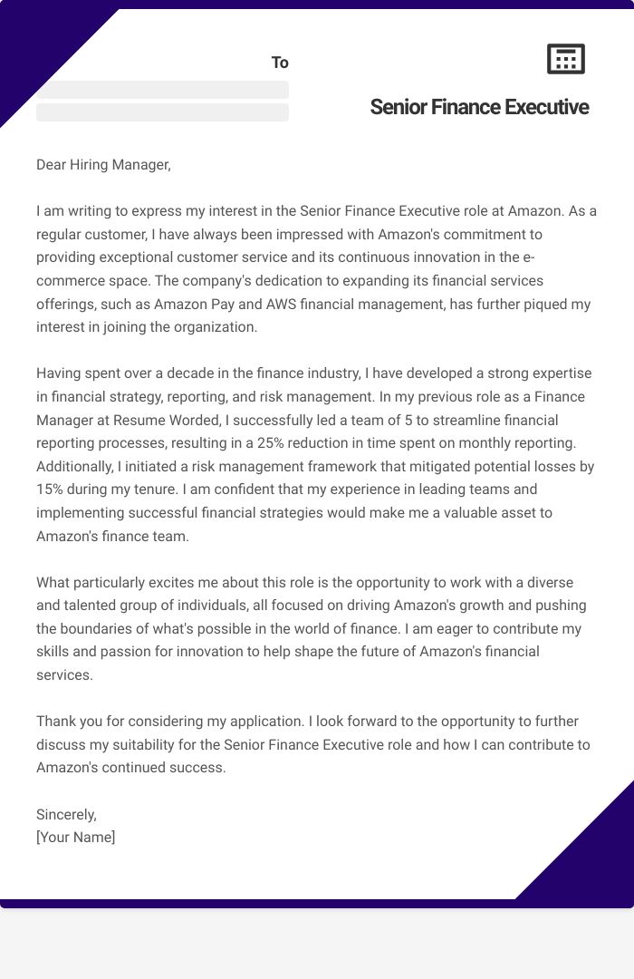 Senior Finance Executive Cover Letter
