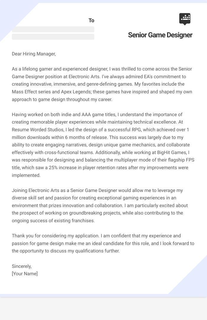Senior Game Designer Cover Letter