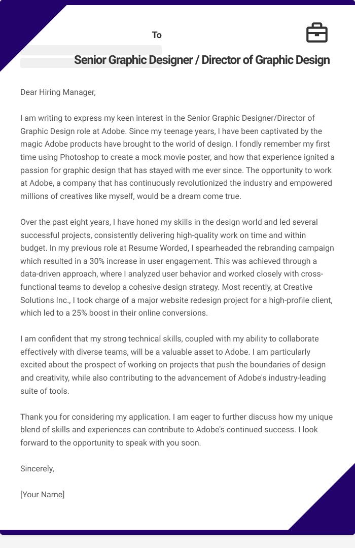 Senior Graphic Designer / Director of Graphic Design Cover Letter