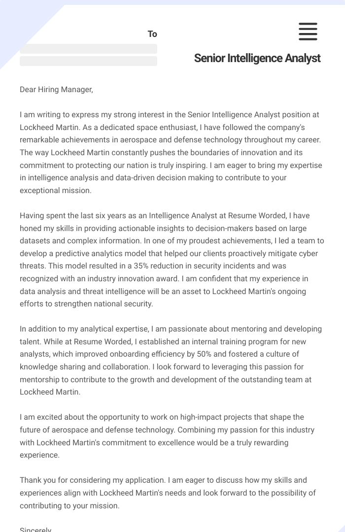 Senior Intelligence Analyst Cover Letter