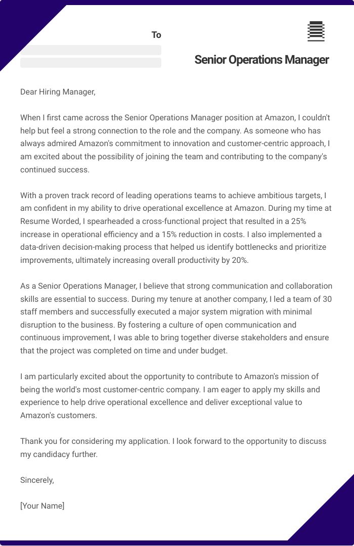 Senior Operations Manager Cover Letter