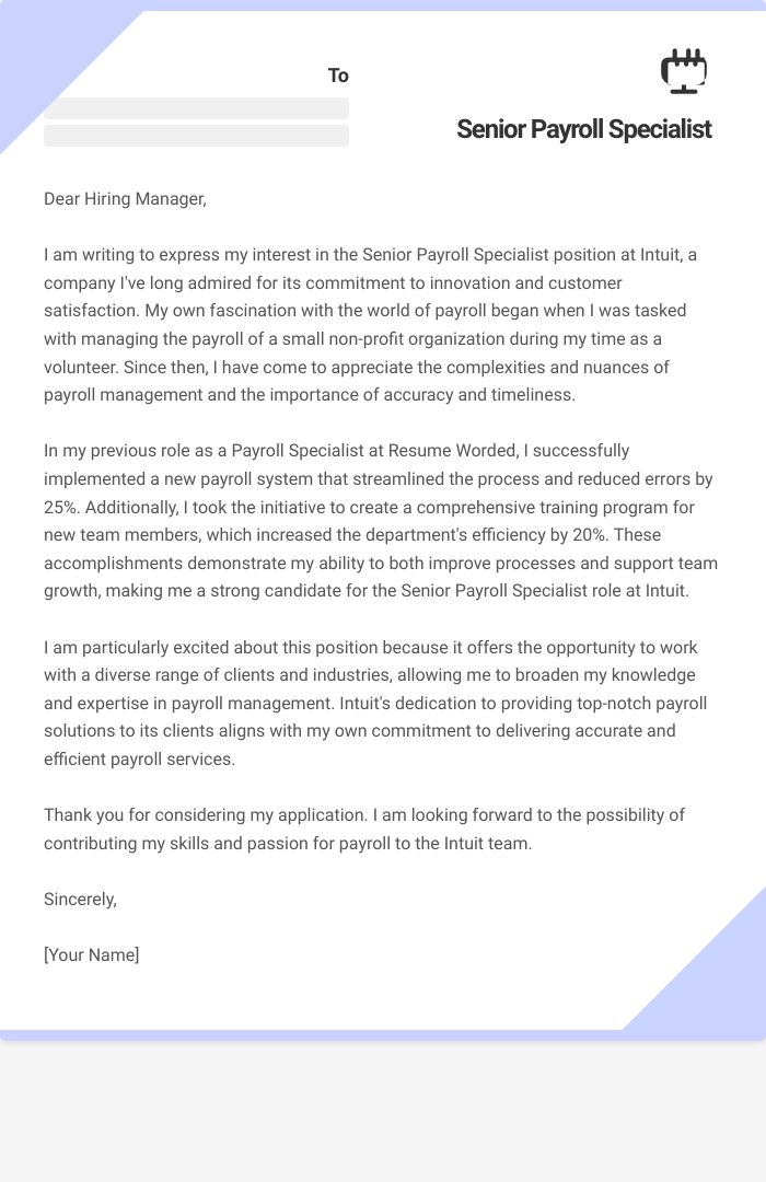 Senior Payroll Specialist Cover Letter