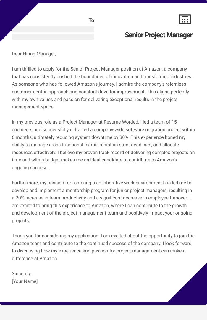 sample senior project manager cover letter