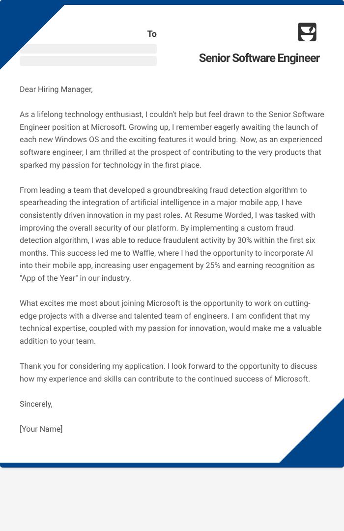 Senior Software Engineer Cover Letter