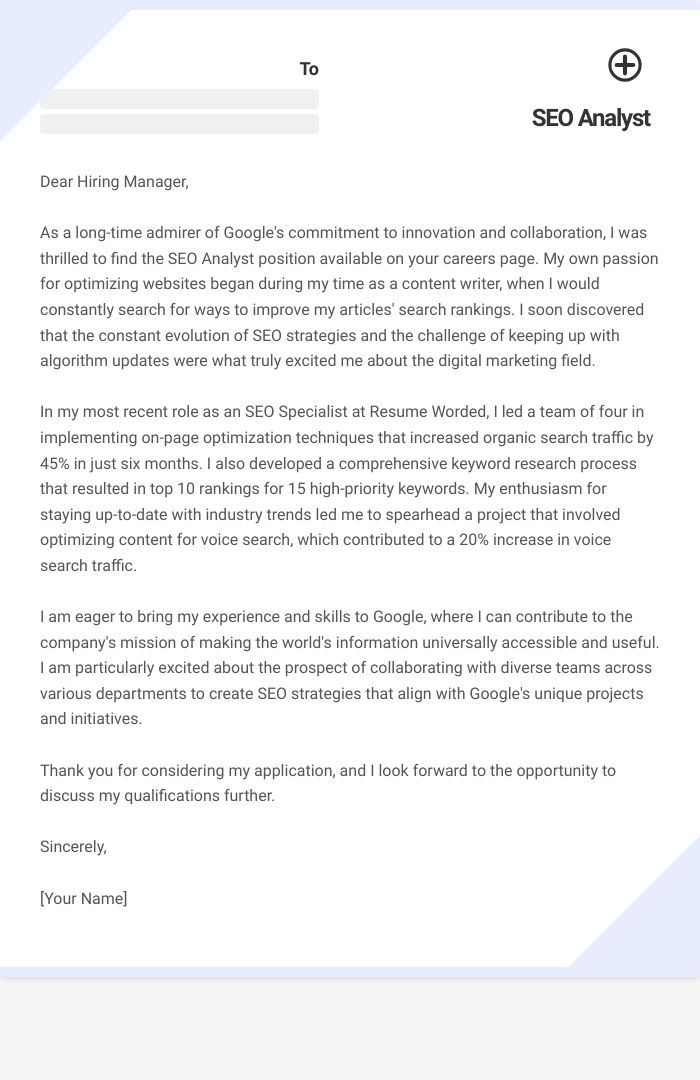 SEO Analyst Cover Letter
