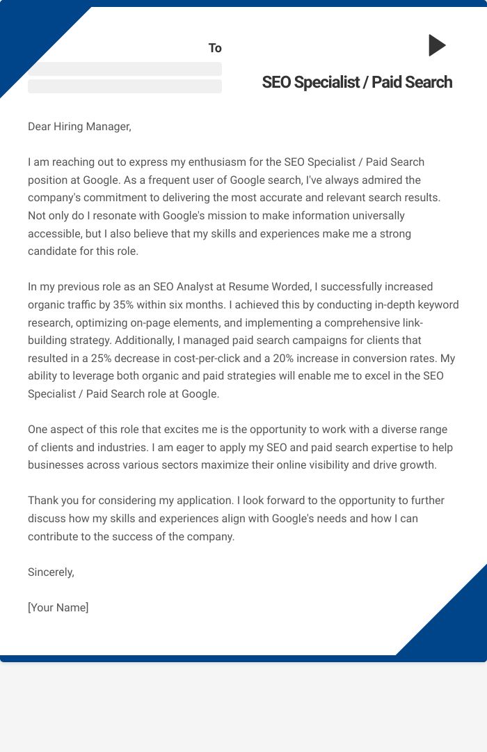 SEO Specialist / Paid Search Cover Letter