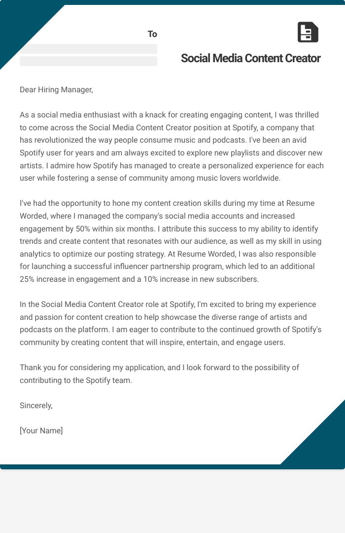 Social Media Content Creator Cover Letter