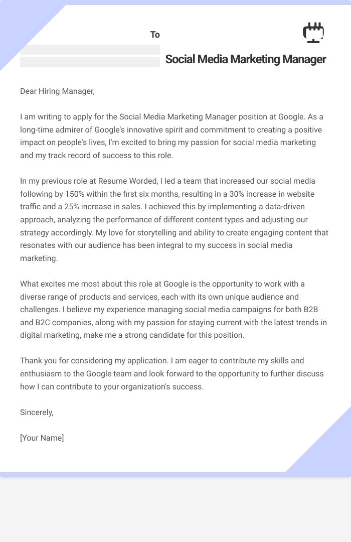 Social Media Marketing Manager Cover Letter