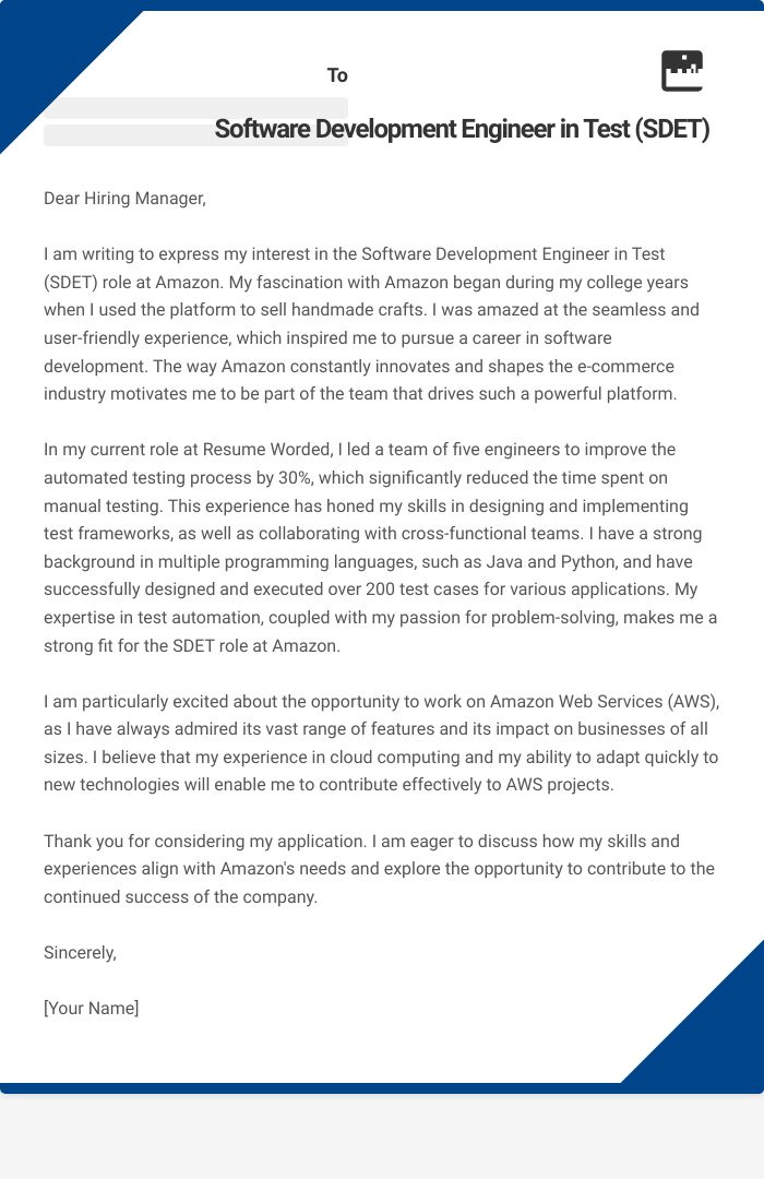 Software Development Engineer in Test (SDET) Cover Letter