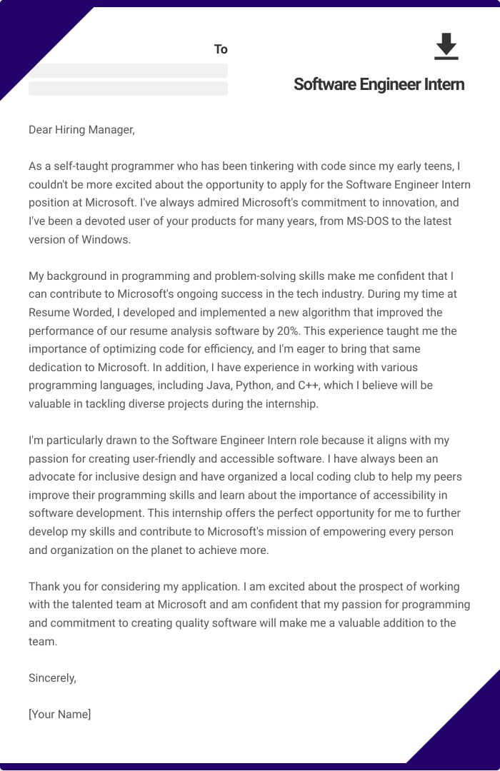 Software Engineer Intern Cover Letter