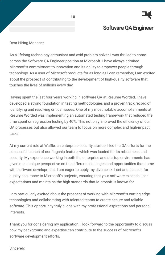 Software QA Engineer Cover Letter