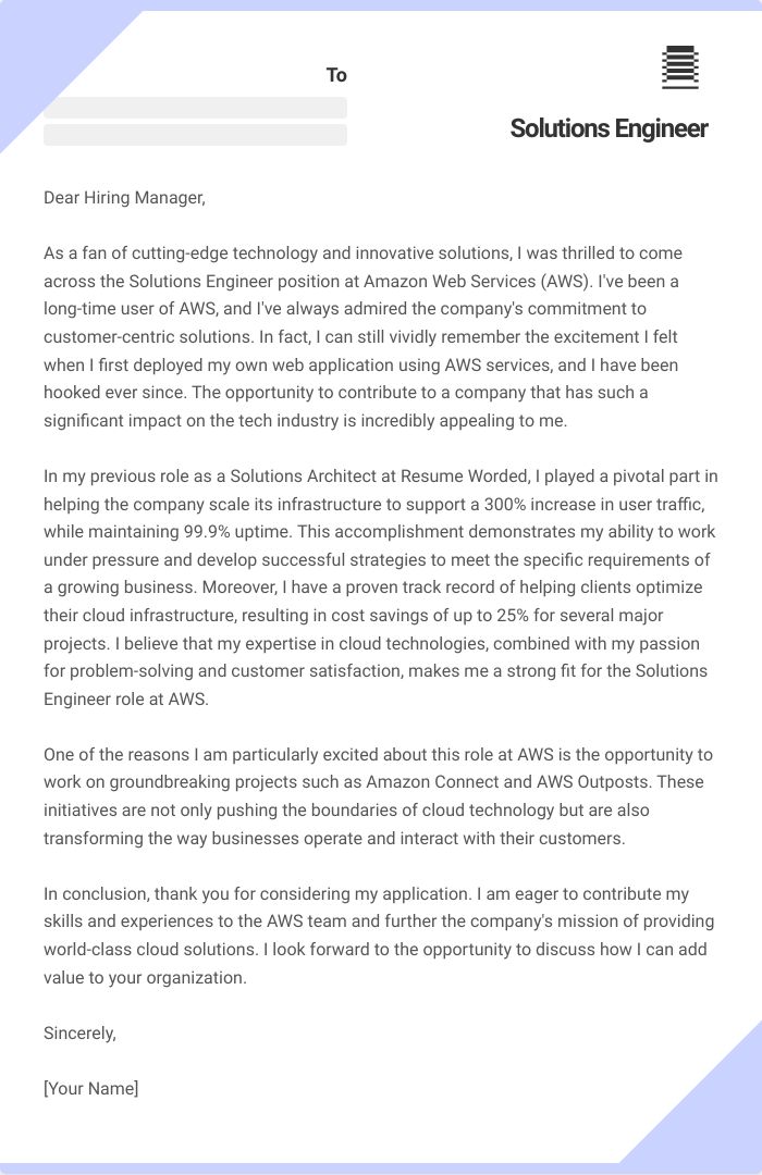 Solutions Engineer Cover Letter