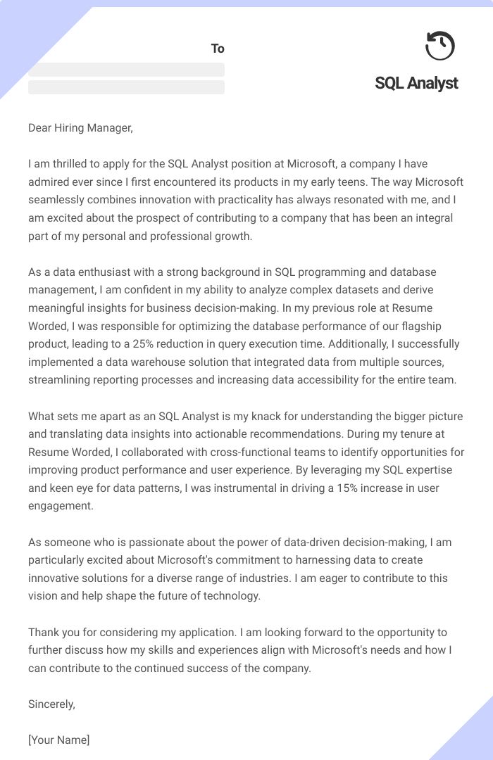 SQL Analyst Cover Letter