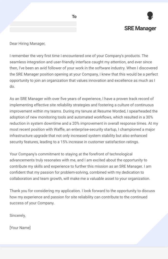 SRE Manager Cover Letter