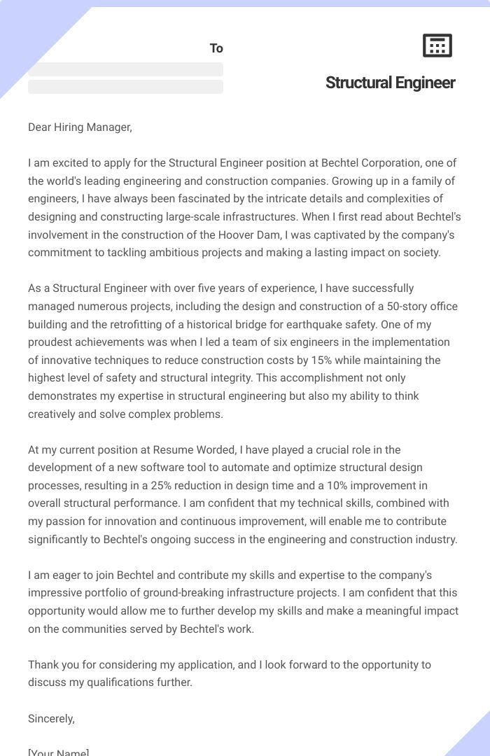 Structural Engineer Cover Letter