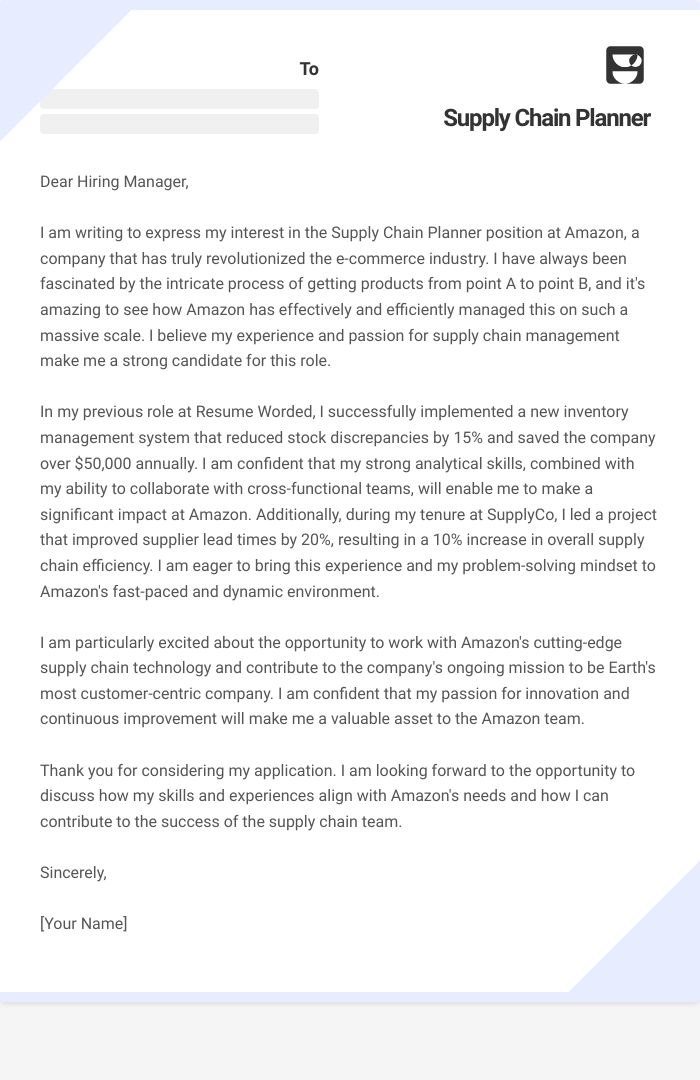 Supply Chain Planner Cover Letter