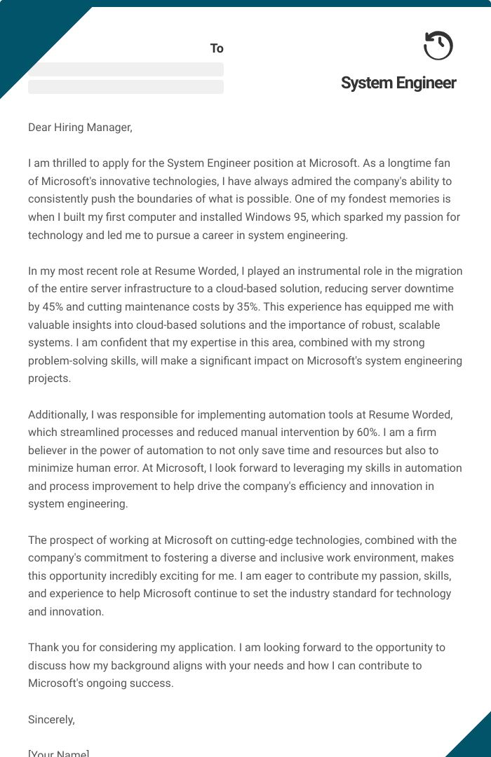 System Engineer Cover Letter
