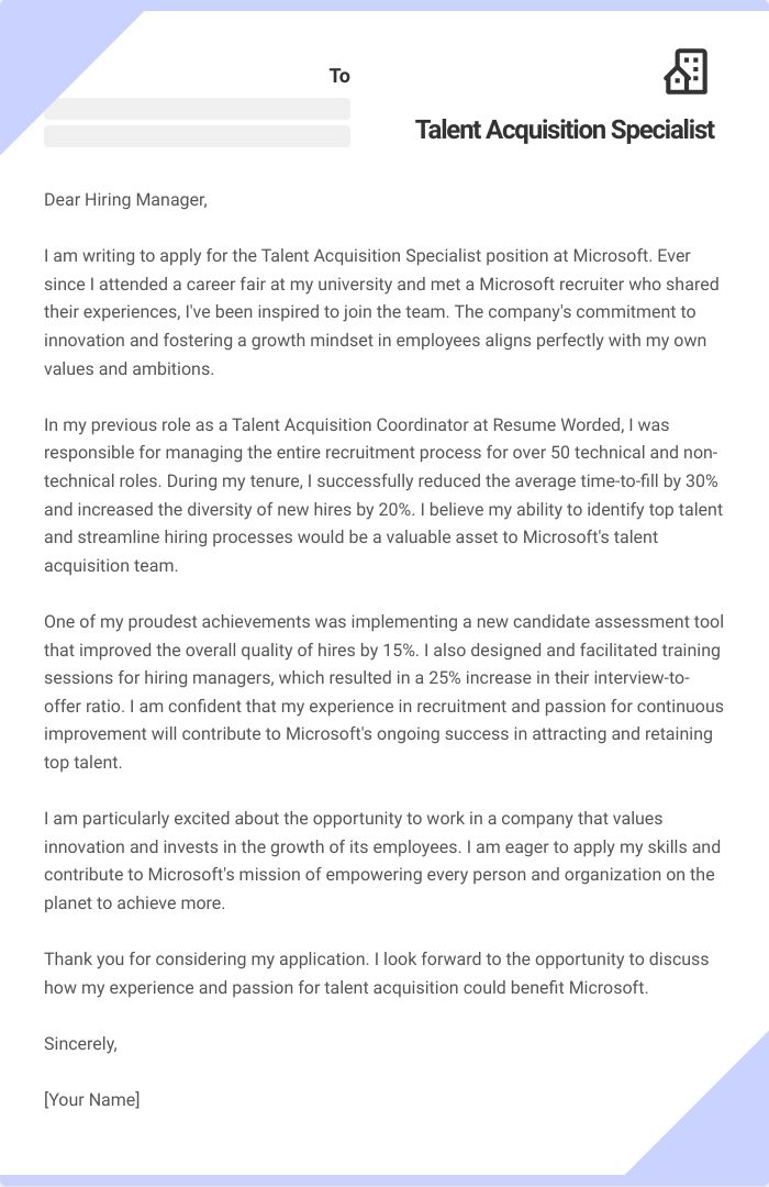 Talent Acquisition Specialist Cover Letter