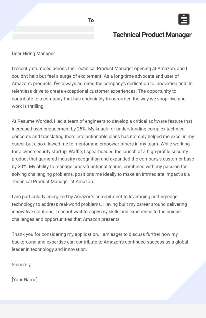 Technical Product Manager Cover Letter