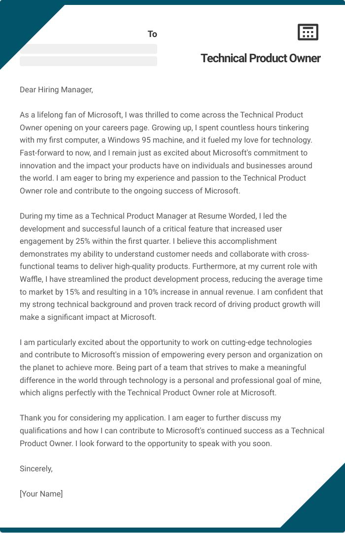 Technical Product Owner Cover Letter