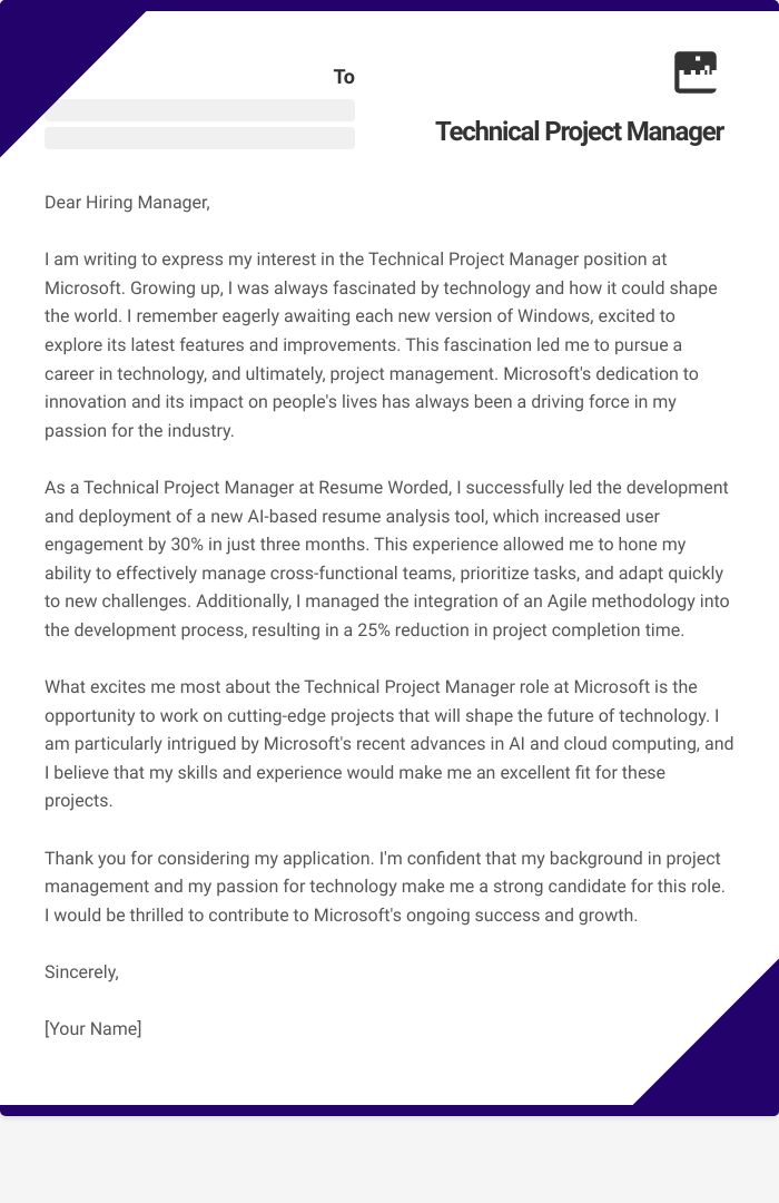Technical Project Manager Cover Letter