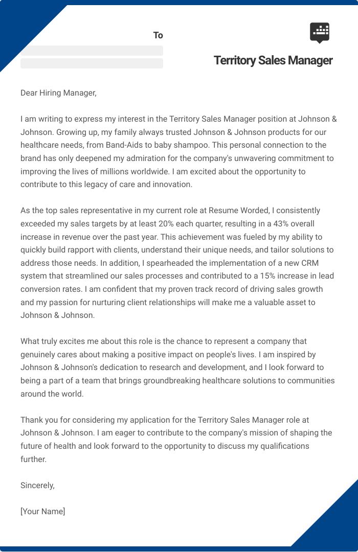 Territory Sales Manager Cover Letter