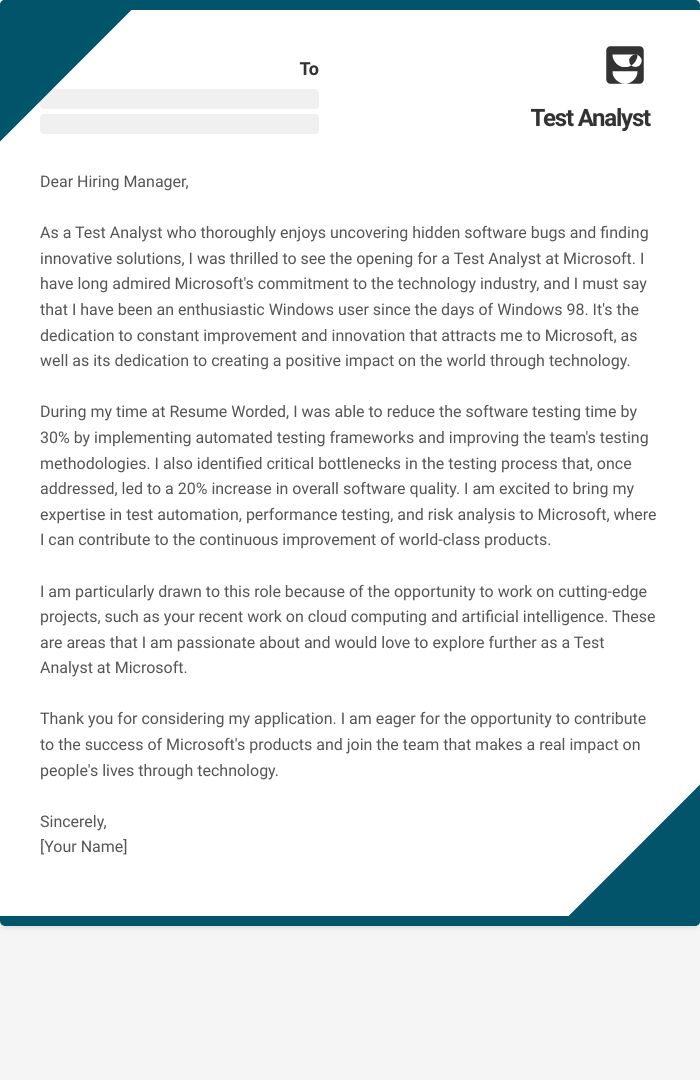 Test Analyst Cover Letter