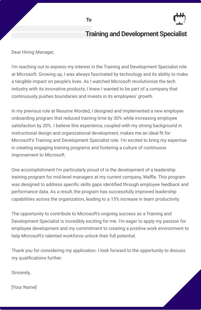 Training and Development Specialist Cover Letter