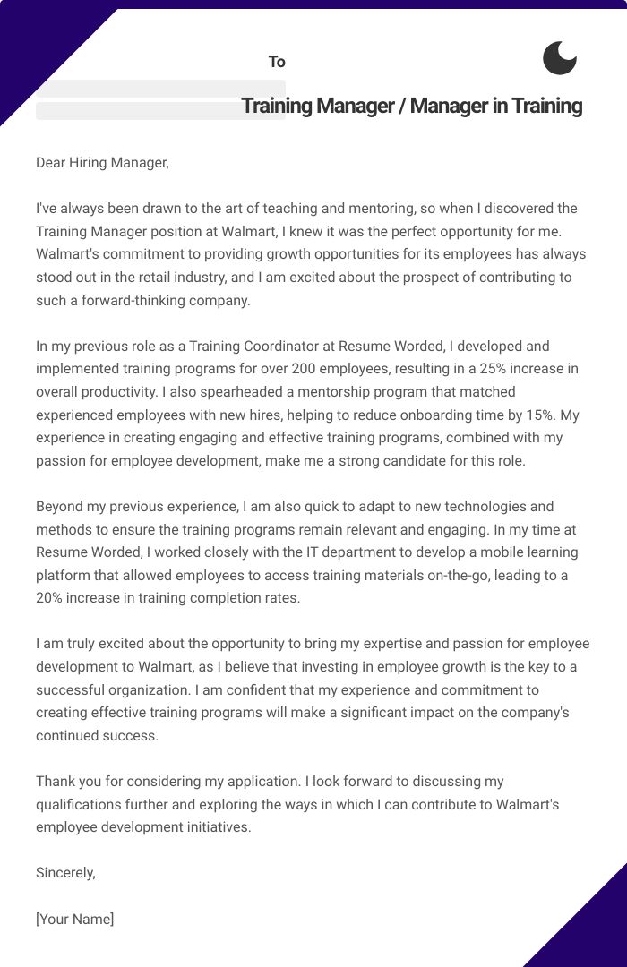 Training Manager / Manager in Training Cover Letter