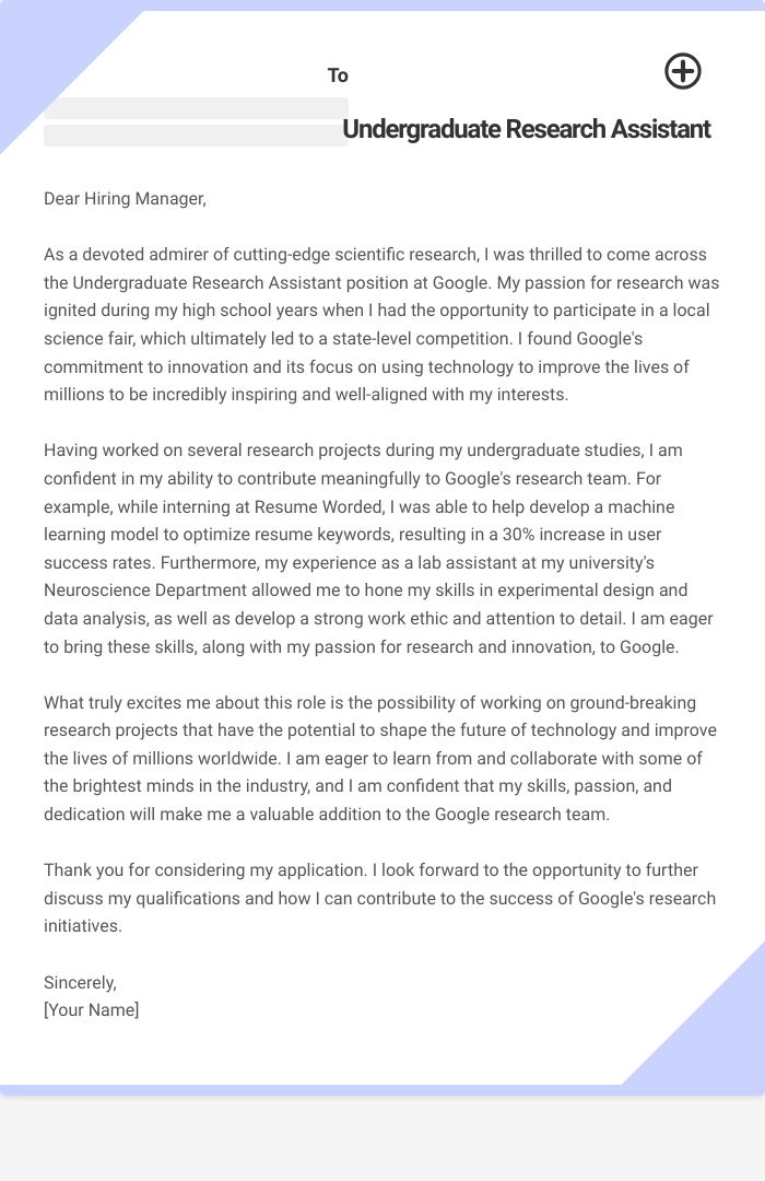 Undergraduate Research Assistant Cover Letter
