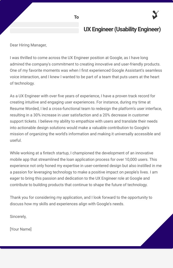 UX Engineer (Usability Engineer) Cover Letter