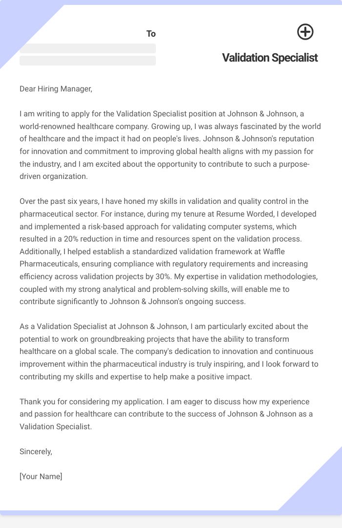 Validation Specialist Cover Letter